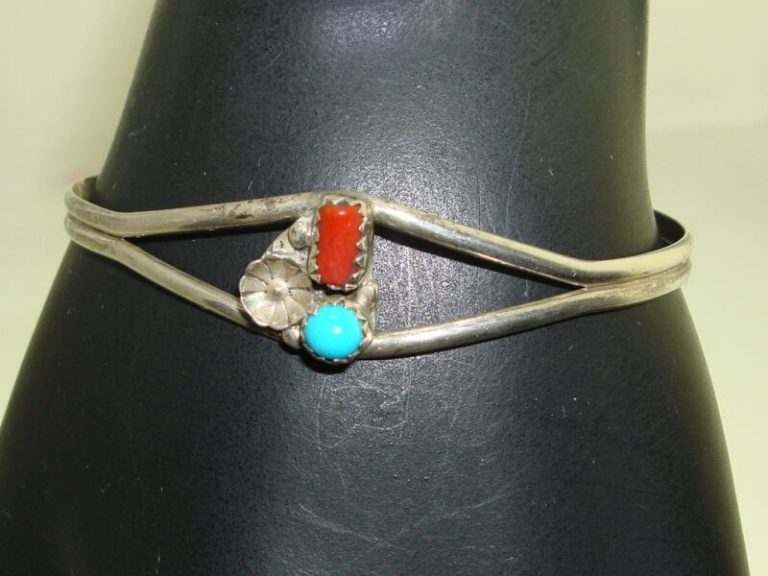 Vintage Native American sterling silver cuff bracelet with coral and turquoise floral design