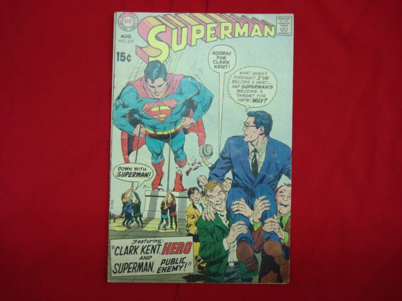 Superman #219 comic book cover, August 1969, Fine/Very Fine condition