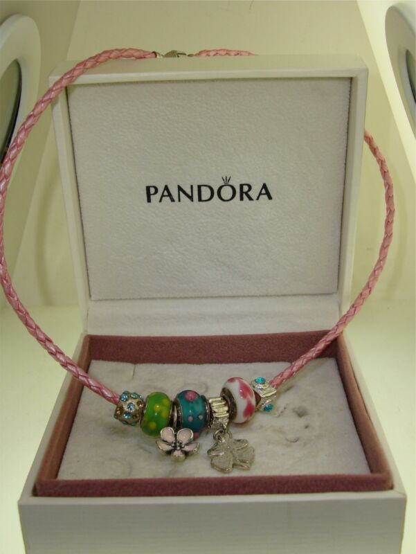 Retired Pandora Pink Leather Choker Necklace with 7 Charms (925 Silver, Excellent Condition)
