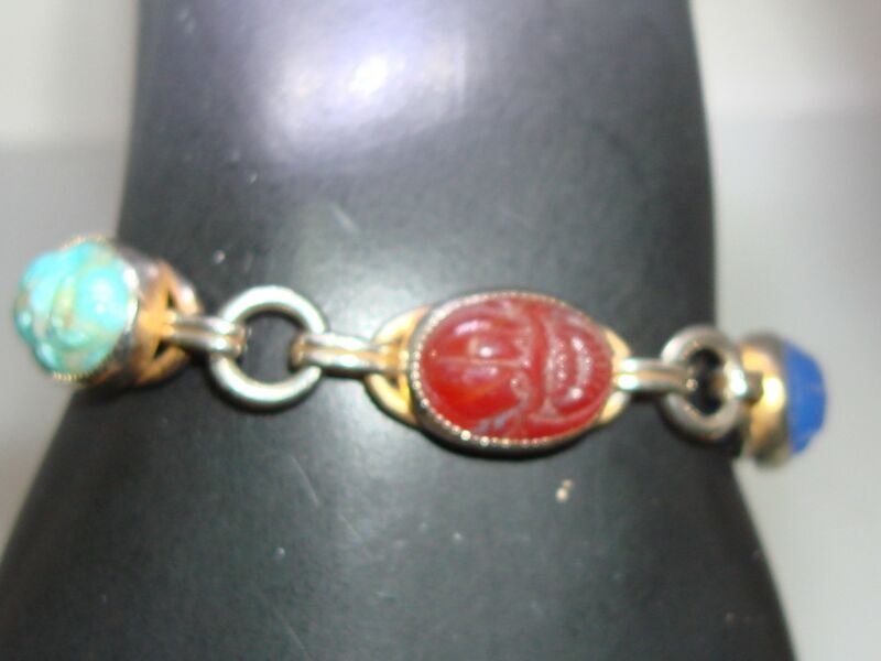 Vintage 1950s-60s Gold Washed Silver Scarab Beetle Bracelet with Turquoise, Carnelian & Lapis Lazuli