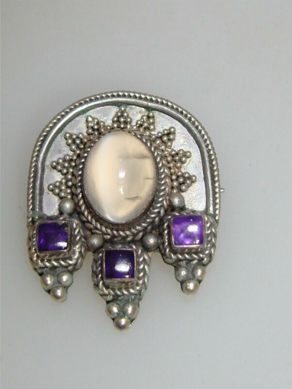 Artisan sterling silver moonstone and amethyst pendant or pin (estate find, 925)
