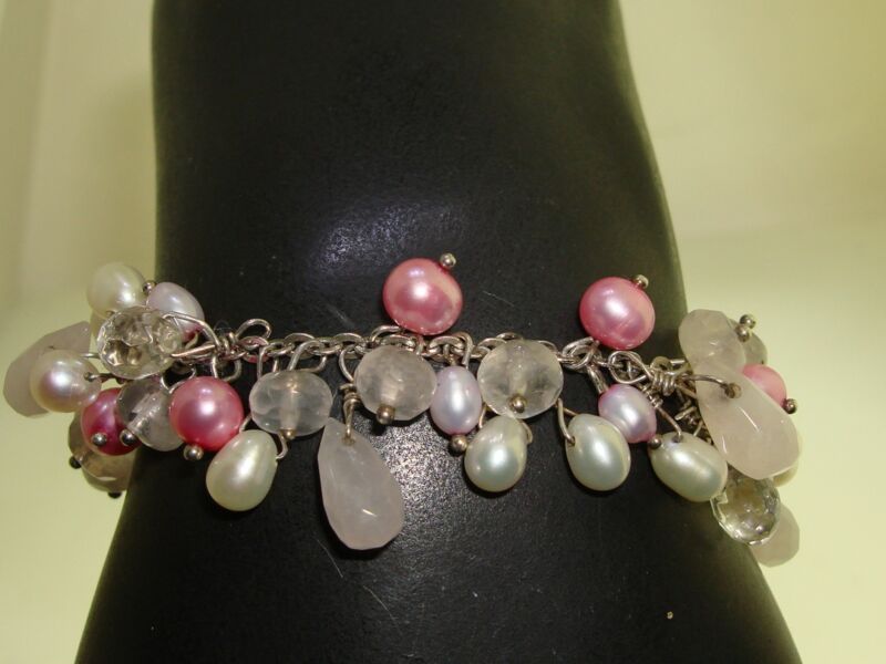 Sterling silver cancer survivor bracelet with rose quartz and freshwater pearls