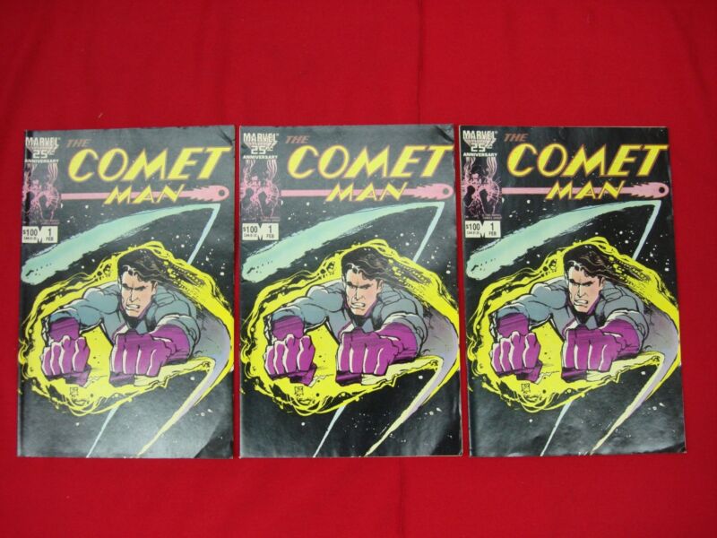 Three copies of The Comet Man Vol 1 #1 comic book from February 1987, published by Marvel Comics Group