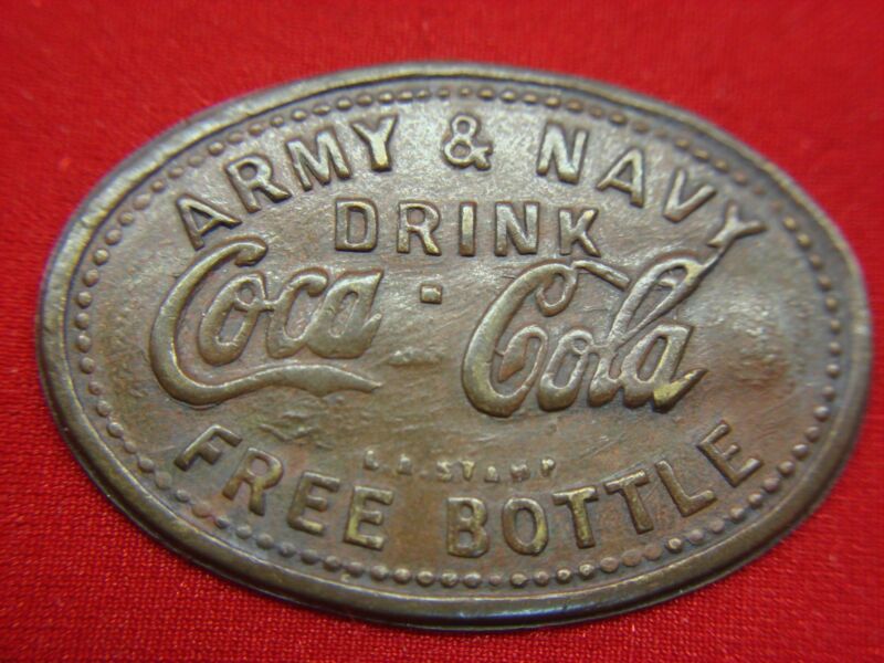 Vintage Coca-Cola copper token, ARMY & NAVY Free Bottle Promotion