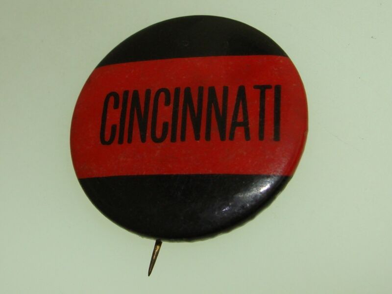 Vintage 1930s Cincinnati celluloid button with red and black design