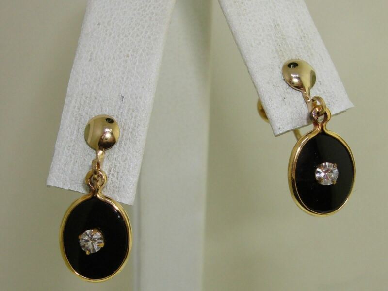 Vintage 12K gold-filled onyx and rhinestone dangle earrings