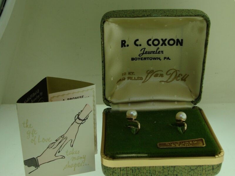 Vintage 1950s Van Dell gold filled cultured pearl earrings in mint condition with original box