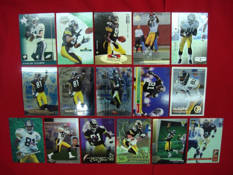 Collection of 16 Charles Johnson football cards, including a Brilliants Blue Parallel card and various inserts and premiums.