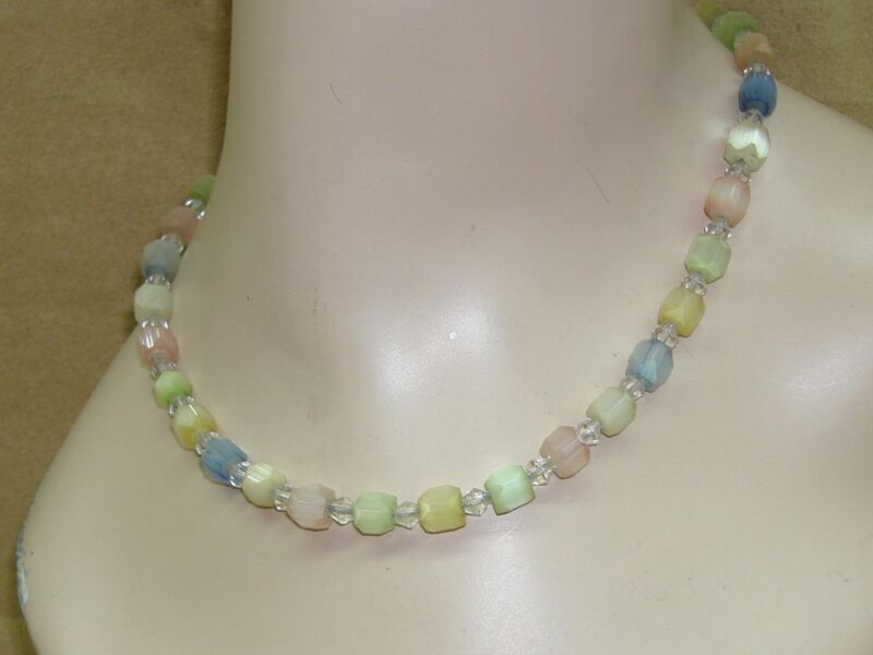 Vintage 1940s pastel glass bead choker necklace with sterling silver clasp