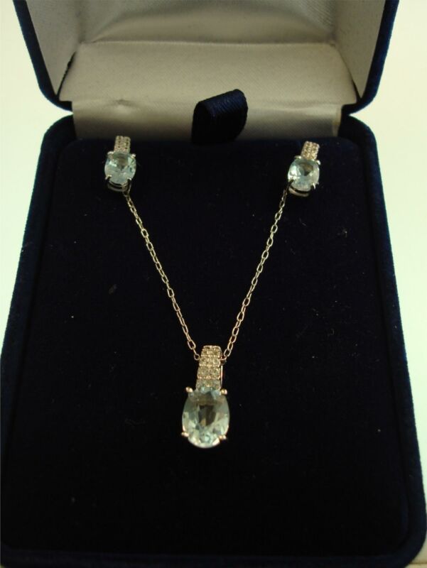 Sterling Silver Blue Topaz & Diamond Pendant & Earrings Set (1.5ct Oval Topaz)