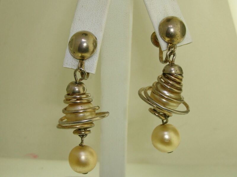 Vintage Coro Retro Futuristic Faux Pearl Dangle Earrings 1940s