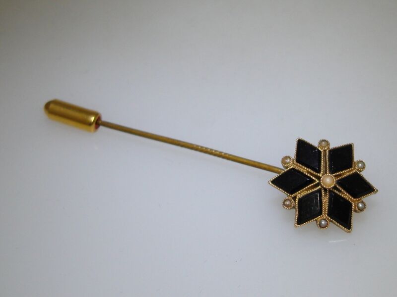 Victorian 10K gold mourning stick pin with black glass and seed pearls