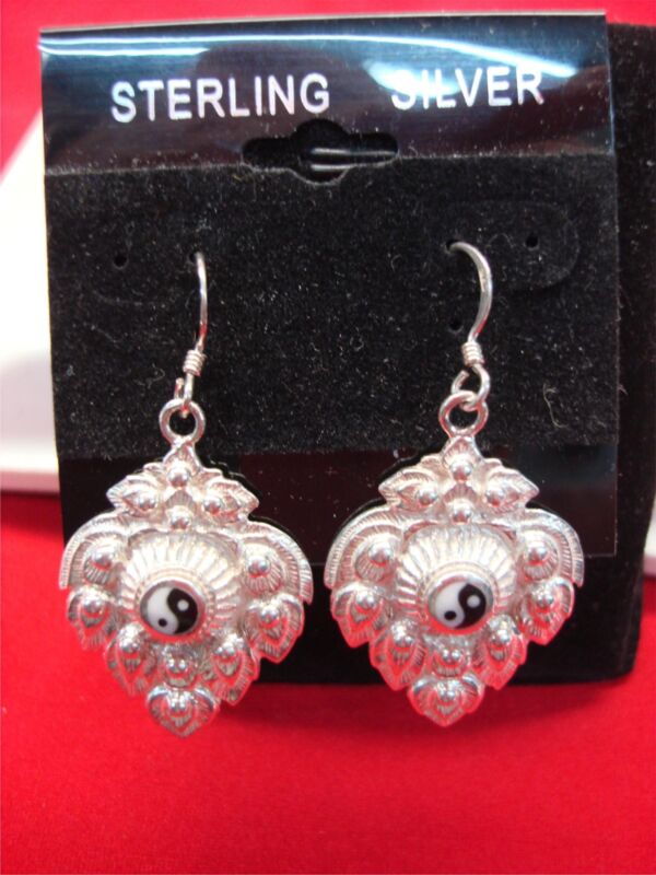 Sterling silver yin yang dangle earrings with unique fancy design