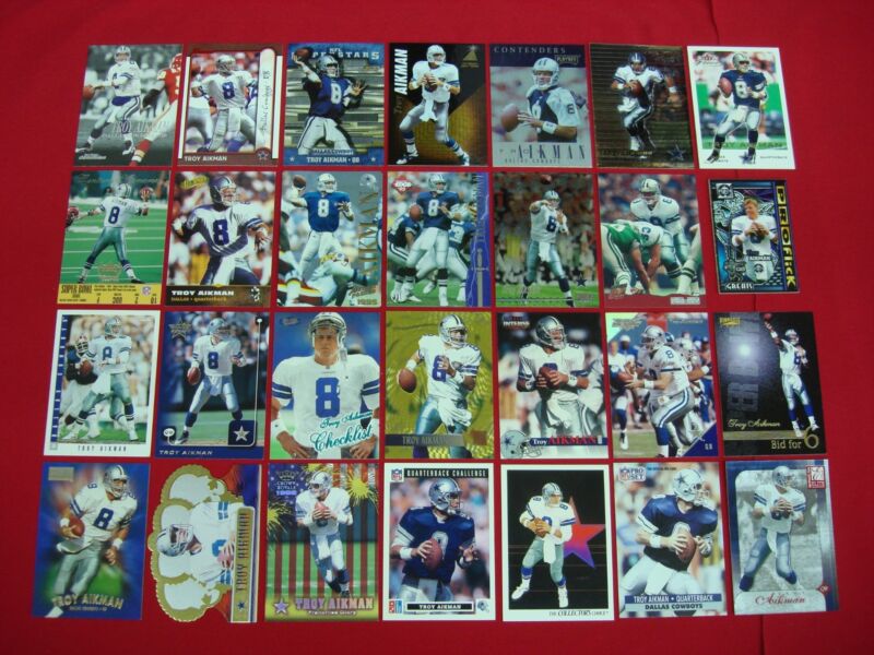 Collection of 28 Troy Aikman football cards, including premiums, die-cuts, inserts, and foils