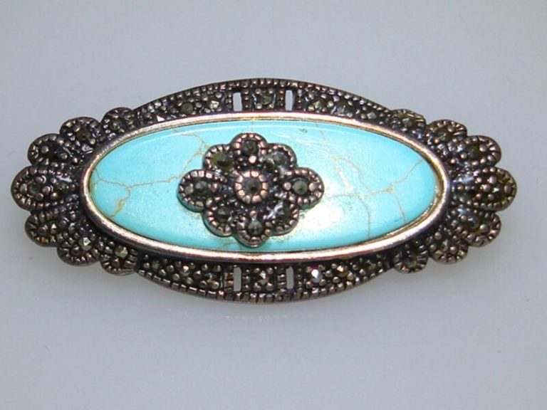 Vintage sterling silver marcasite and turquoise glass pin brooch