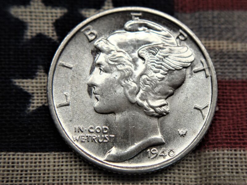 1940-S Mercury Dime in Brilliant Uncirculated (BU) condition with a die crack.