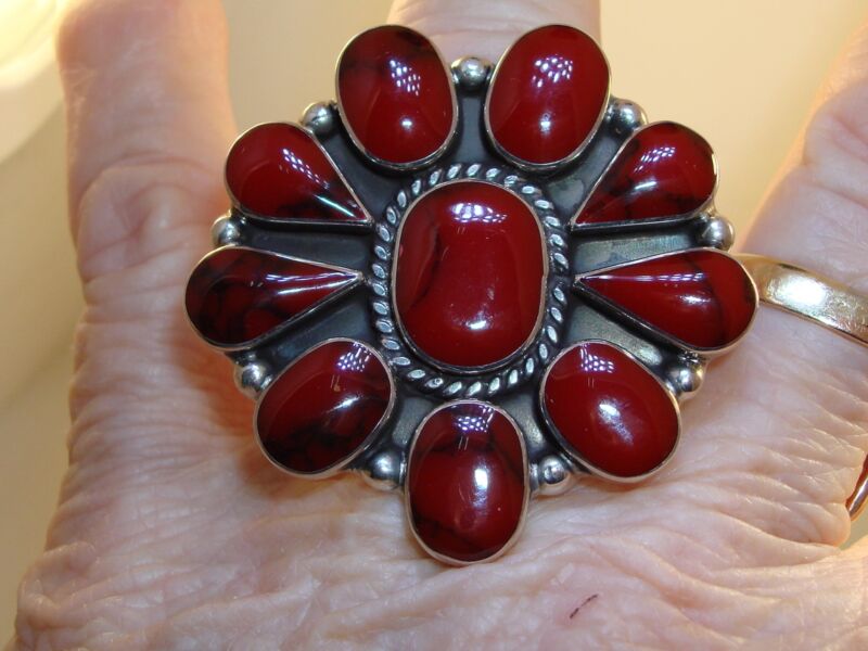 Artisan Sterling Silver & Coral Ring - Size 7.5
