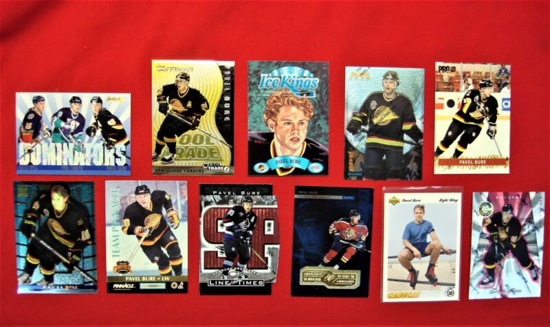 Pavel Bure trading card lot of 11 cards, mostly numbered inserts in excellent condition.
