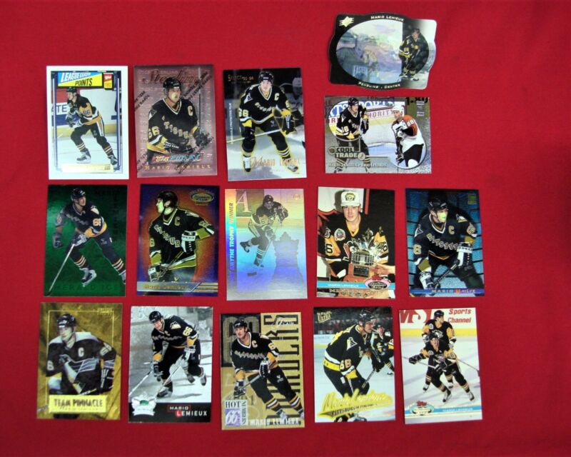 Collection of 15 Mario Lemieux trading cards with inserts
