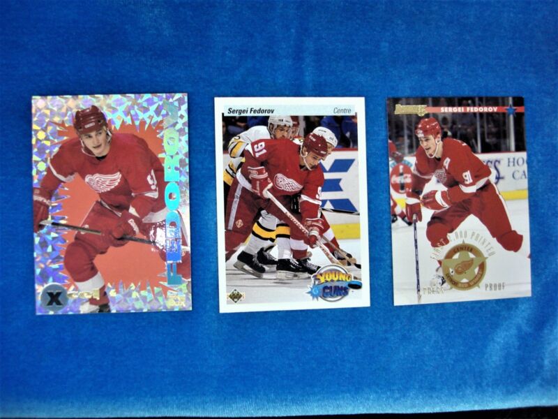 Three hockey trading cards of Sergei Fedorov in nice condition.