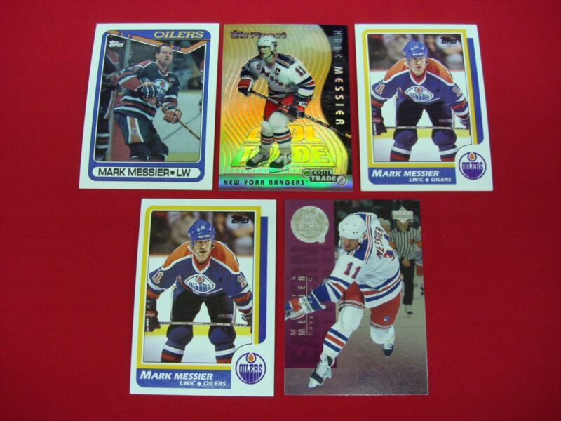 Collection of 5 Mark Messier hockey cards, including a Refractor and an Insert, featuring his time with the Oilers and Rangers.
