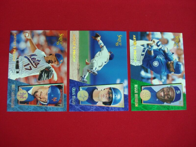 1995 Select Artist Proof Parallel baseball cards of Brett Saberhagen, Craig Biggio, and Reggie Jefferson