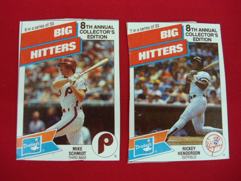 1988 Drakes Heavy Hitters Trading Cards: Mike Schmidt #8 & Rickey Henderson #7