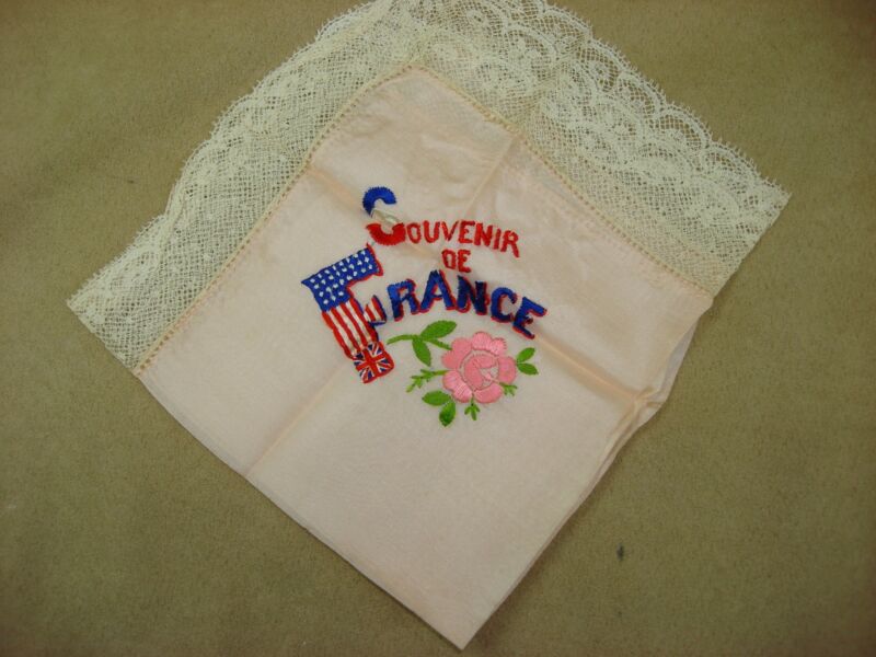 Vintage WWII Souvenir Silk Hanky - France 'Souvenir DE FRANCE' Embroidery, Mint Condition
