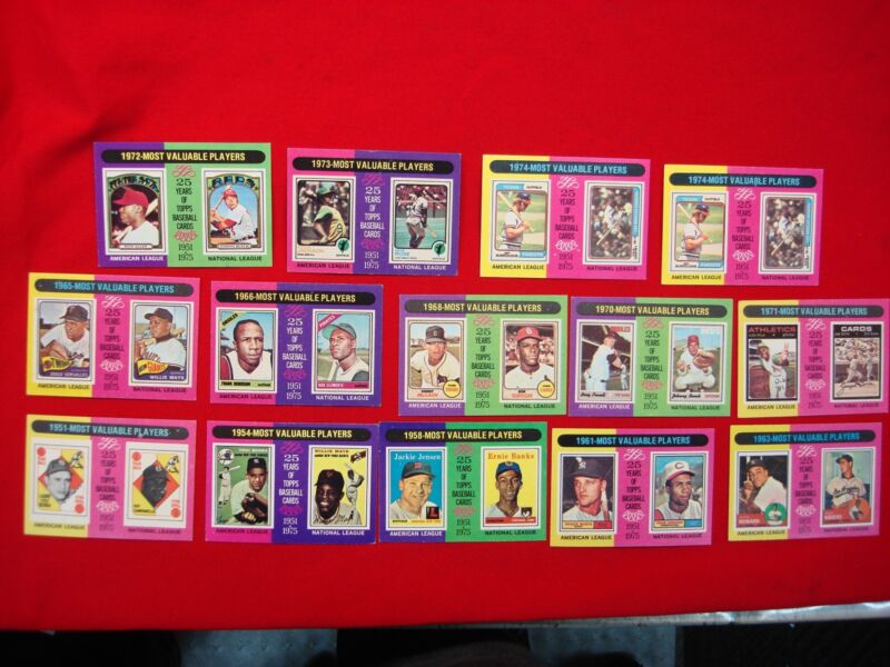 Vintage Topps MVP baseball cards from 1951-1974, featuring American and National League legends.