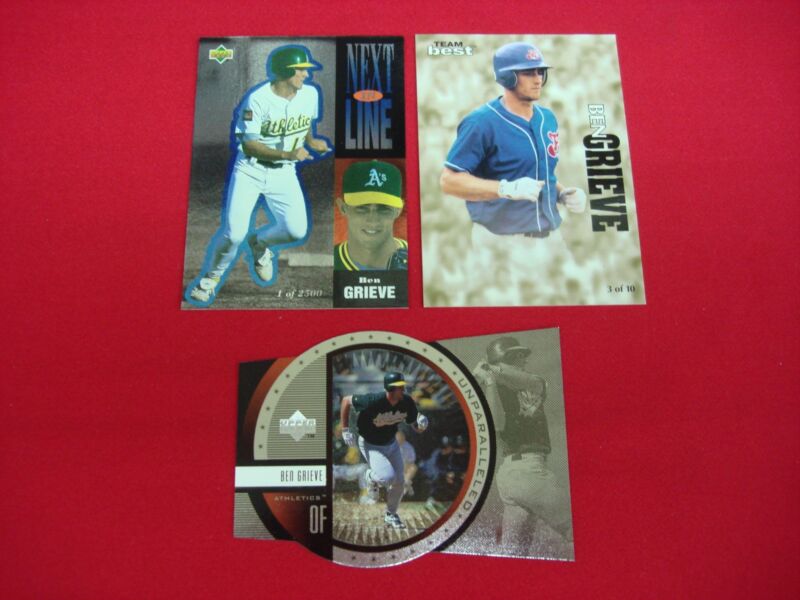 Collection of three Ben Grieve rookie baseball cards featuring serial numbered, die-cut, and foil variations.
