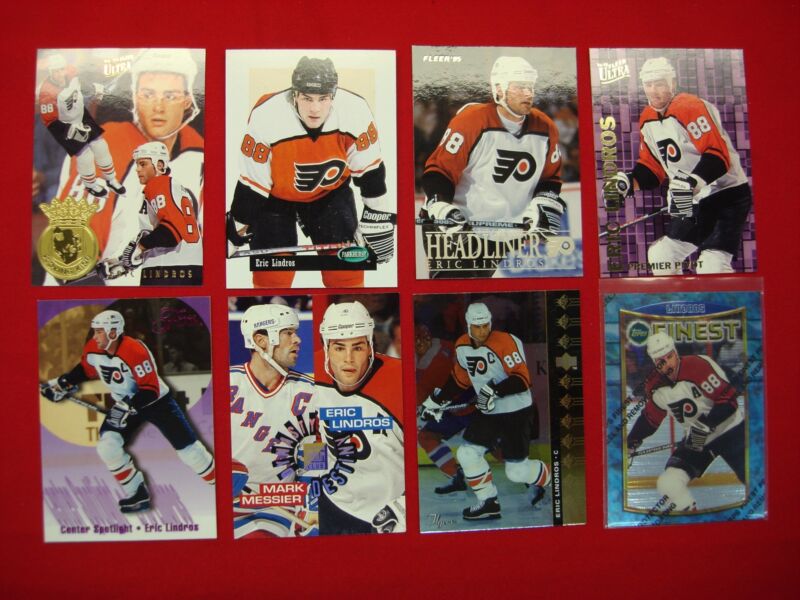 Eric Lindros trading cards, lot of 8, includes inserts and a standard card, great condition