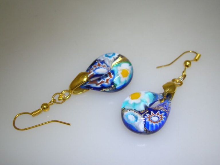 Vintage Signed Murano Italy Art Glass Dangle Earrings - Blue Millefiori & Gold Foil