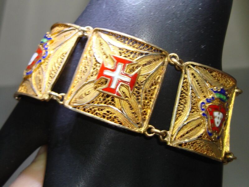Vintage Heraldic Gilded Silver Filigree Bracelet w/Cloisonné Enamel - 835 Silver
