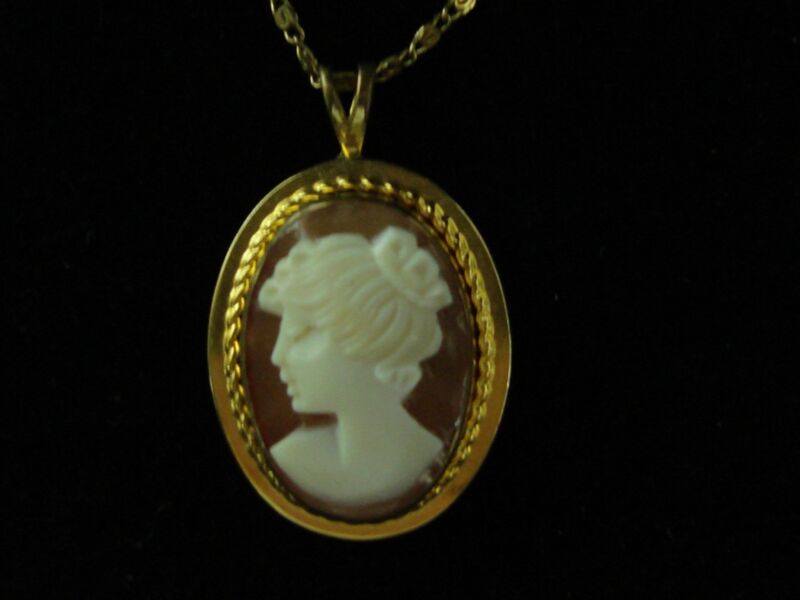 Vintage Gold Filled Shell Cameo Pendant Necklace - 12K GF, Oval Lady Design