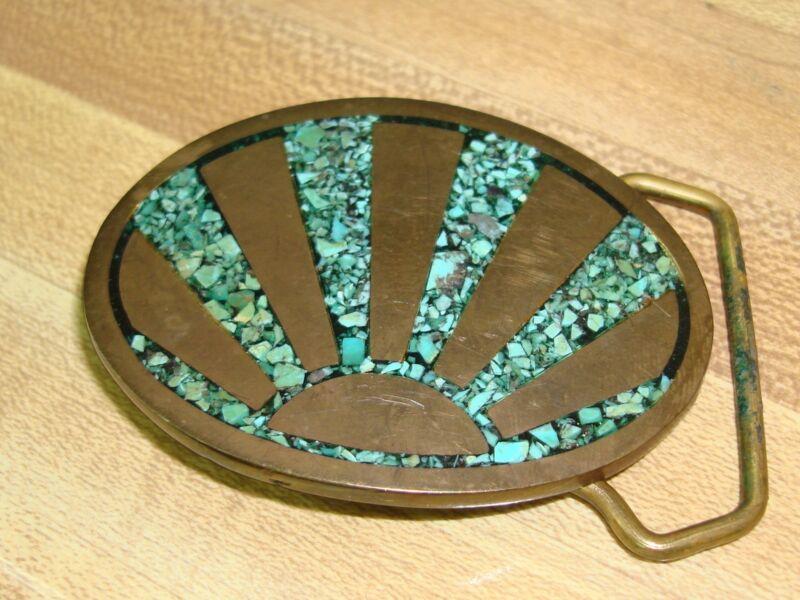 Vintage brass sunrise belt buckle with turquoise inlay
