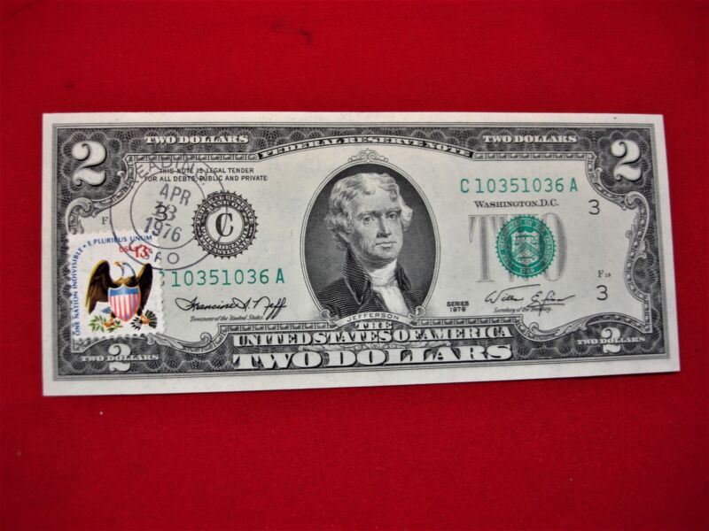 1976 $2 Federal Reserve Note, Reading, PA first day of issue postmark