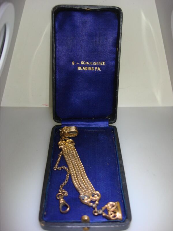 Antique Gold-Filled Art Nouveau Watch Chain & FOB, G.A. Schlechter, Reading, PA – Original Box