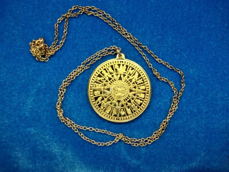 Vintage Franklin Mint 1978 Sterling Silver Mayan Calendar Pendant w/ 24K Gold Plate & Chain