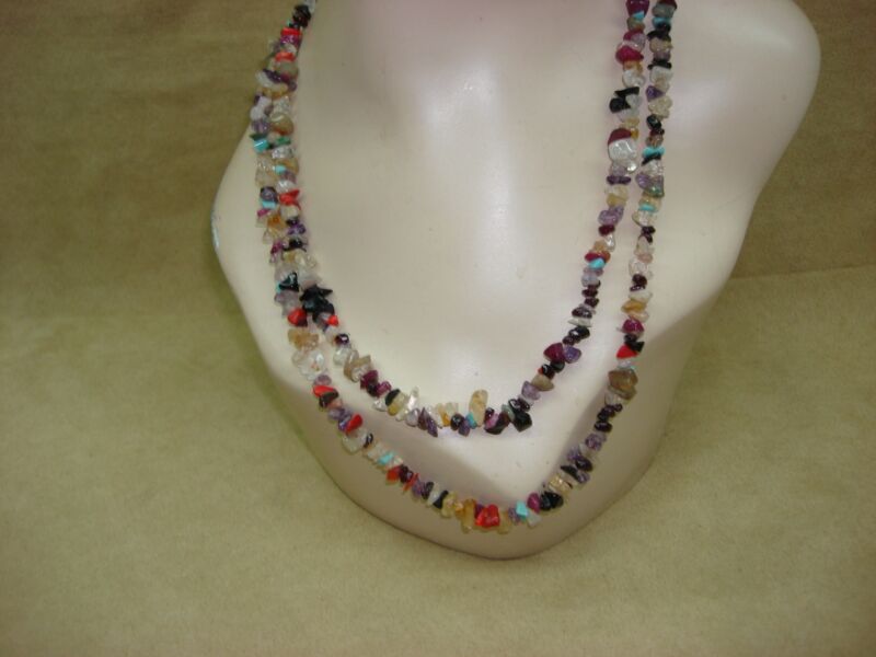 Stunning vintage 1970s gemstone necklace with chunky beads in amethyst, onyx, turquoise, and more