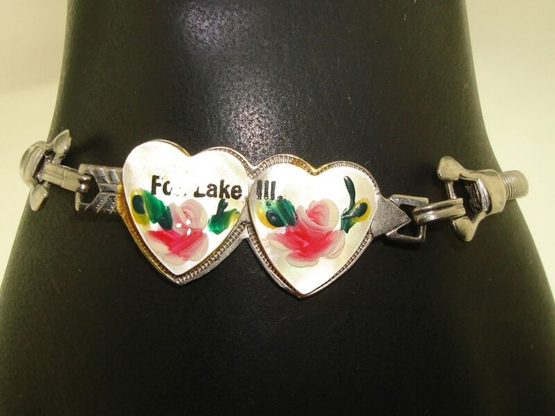 Vintage 1940s Fox Lake Souvenir Bracelet with Mother of Pearl Heart Design