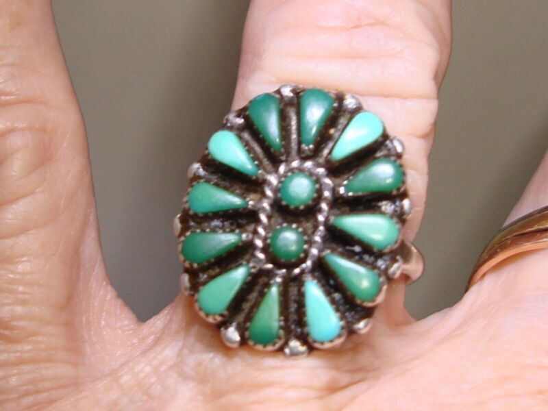 Vintage 1970s Zuni sterling silver turquoise ring by B. Natewa, size 8
