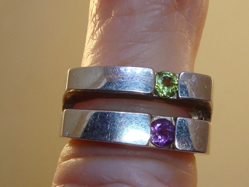 Sterling silver amethyst ring with green and purple gemstones, size 5.5