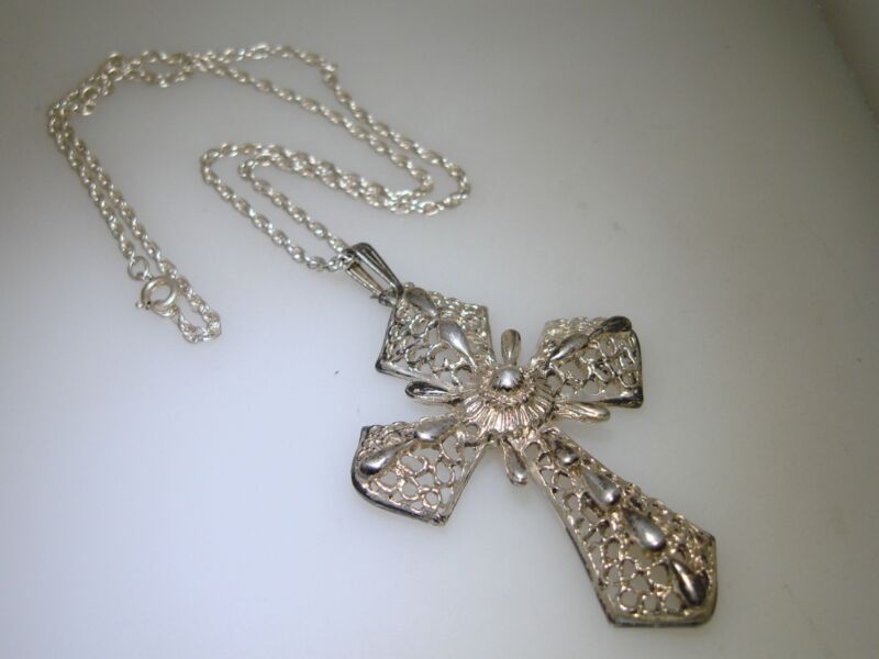 Vintage J.C. Ferrara sterling silver filigree cross necklace