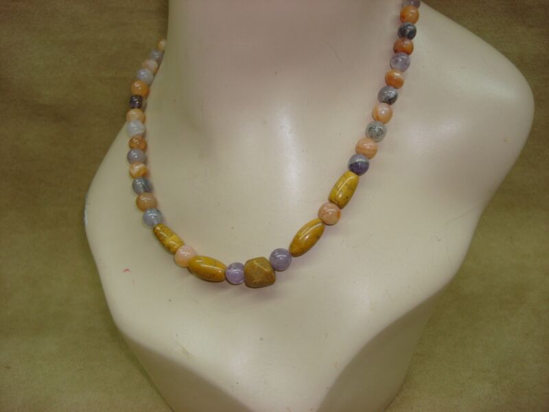 Vintage multi-stone gemstone necklace featuring amethyst, jasper, nephrite, chrysoprase, aventurine, and agate beads.