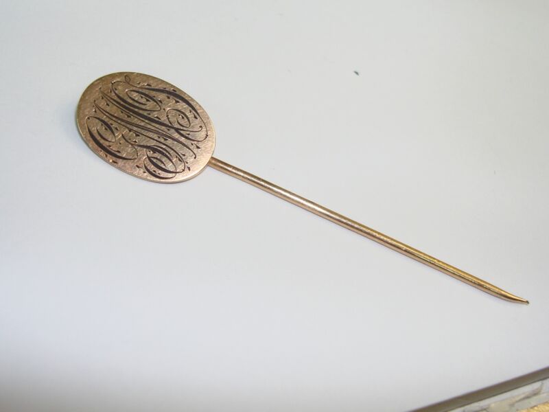Antique Art Nouveau 10K Rose Gold Engraved Initial Stick Pin