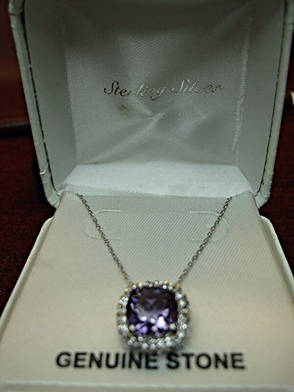 Genuine amethyst sterling silver pendant with white topaz accents