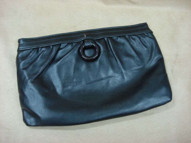 Vintage JR Florida black leather clutch purse with mottled lucite accents