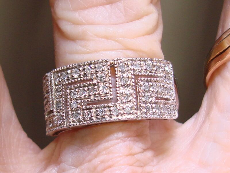 Sparkling sterling silver Greek key diamond ring, size 8