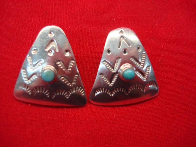 Handmade Sterling Silver Fan Earrings with Turquoise - Southwest Style