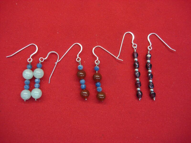 Sterling silver beaded dangle earrings, three pairs (multicolored), pre-owned, excellent condition
